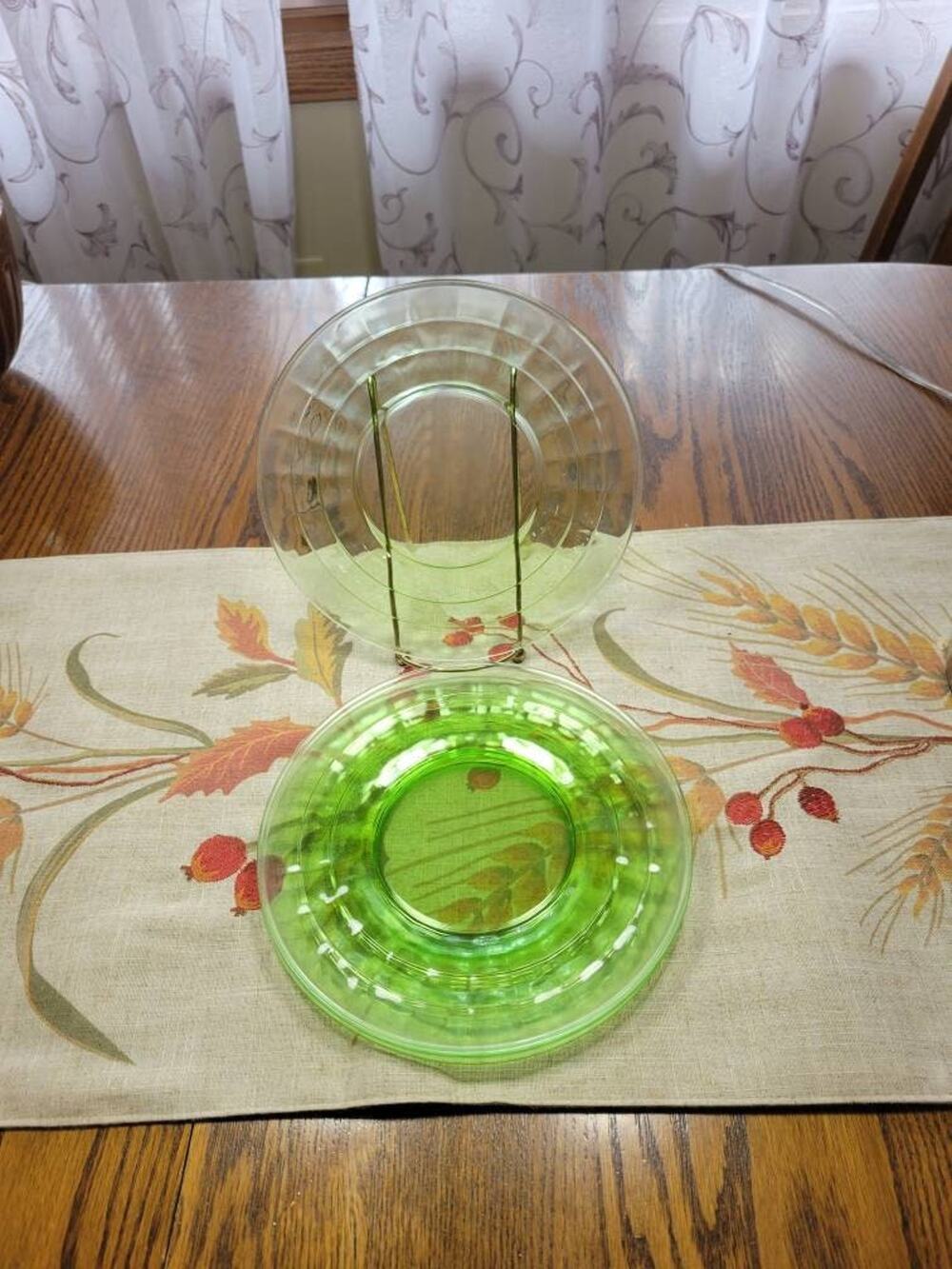4 Vintage Green Uranium Glass Salad Plates, Anchor Hocking Block Optic 1930s